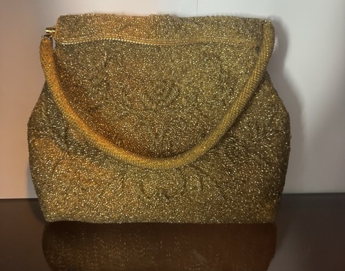 Gold beaded satin - evening, bag